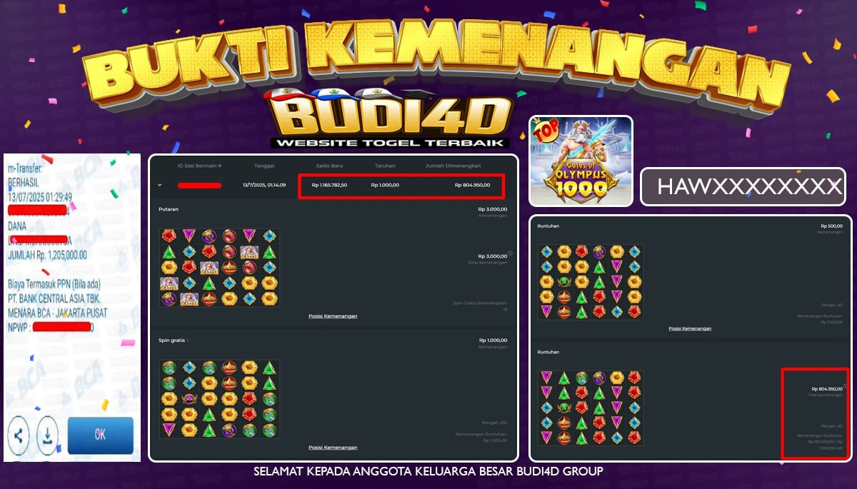 BUDI4D JACKPOT SLOT PRAGMATIC PLAY GATES OF OLYMPUS 1000 Rp.1.205.000,- LUNAS