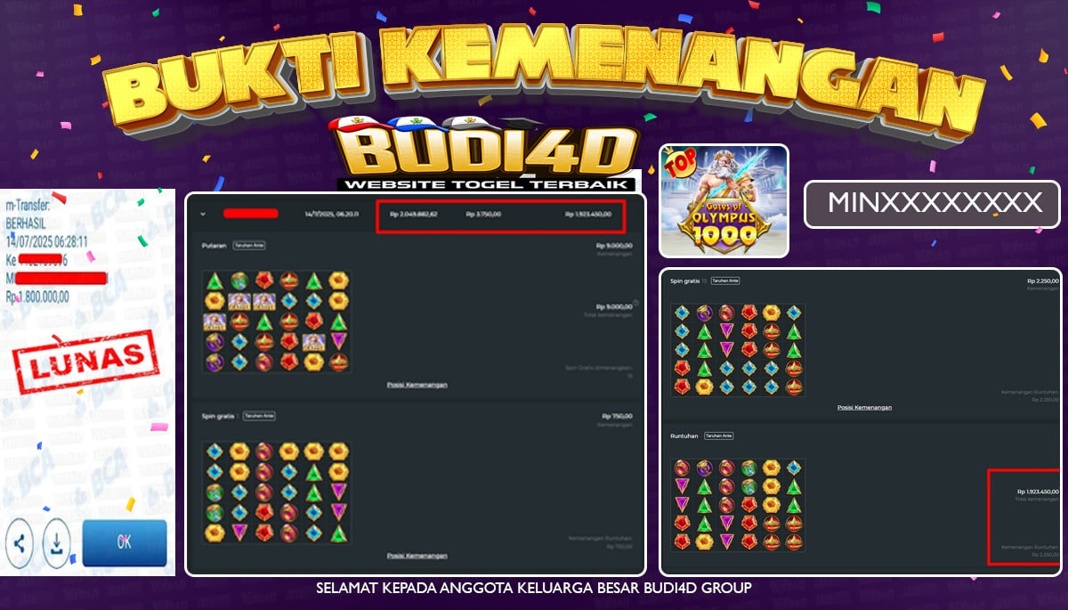 BUDI4D JACKPOT SLOT PRAGMATIC PLAY GATES OF OLYMPUS 1000 Rp.1.800.000,- LUNAS