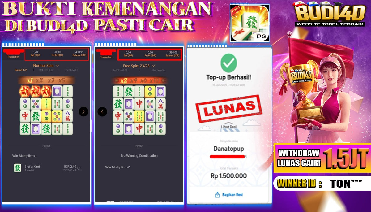 BUDI4D JACKPOT USERID: TON**** SLOT PGSOFT MAHJONG WAYS Rp.1.500.000,- LUNAS