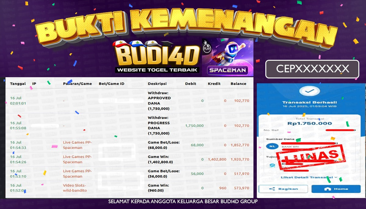 BUDI4D JACKPOT USERID: CEP**** LIVE CASINO SPACEMAN Rp.1.750.000,- LUNAS