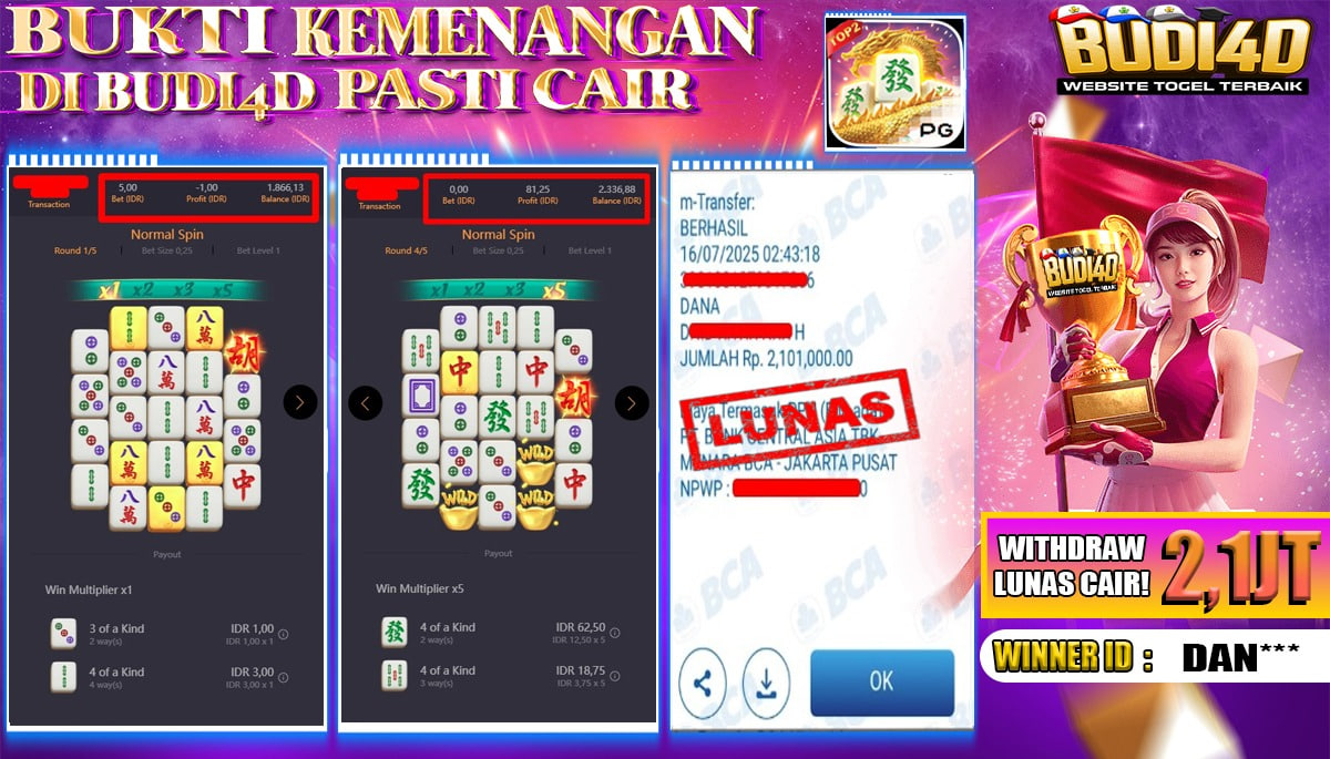 BUDI4D JACKPOT USERID: DAN**** PERMAINAN SLOT MAHJONG WAYS 2 (PGSOFT) Rp.2.101.000,- LUNAS