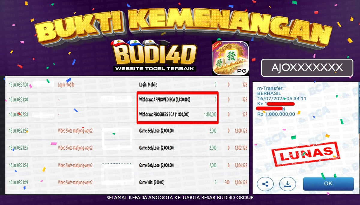 BUDI4D JACKPOT USERID: AJO**** PERMAINAN SLOT MAHJONG WAYS 2 (PGSOFT) Rp.1.800.000,- LUNAS