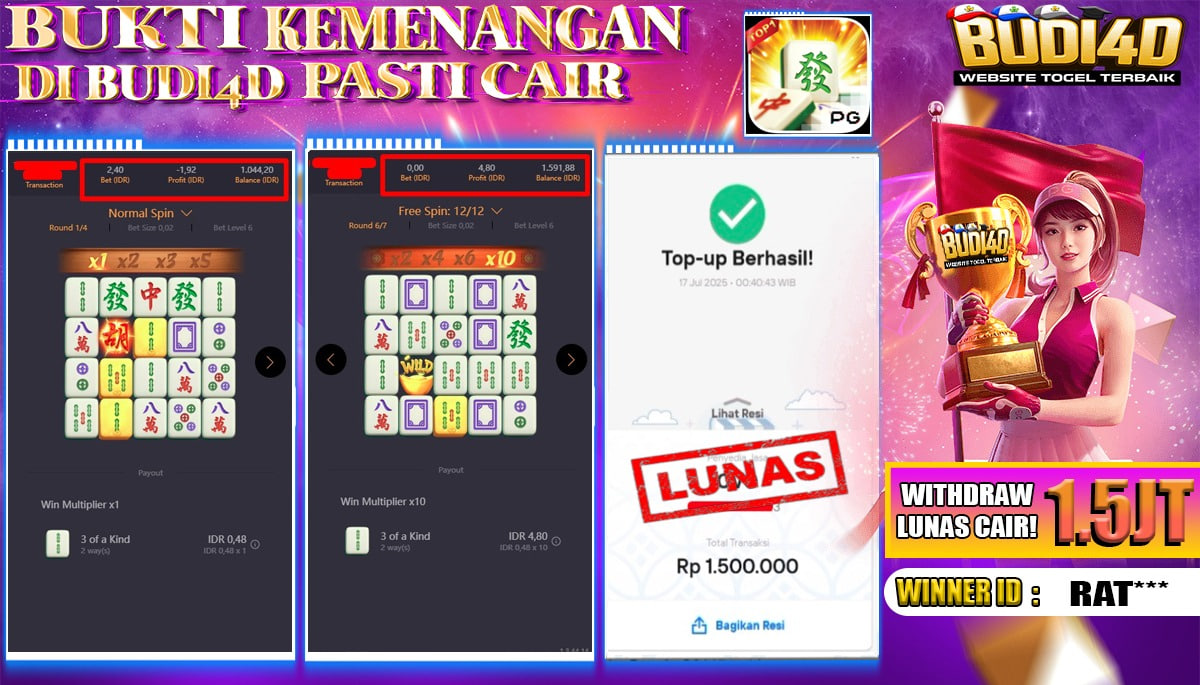 BUDI4D JACKPOT USERID: RAT**** PERMAINAN SLOT MAHJONG WAYS (PGSOFT) Rp.1.500.000,- LUNAS