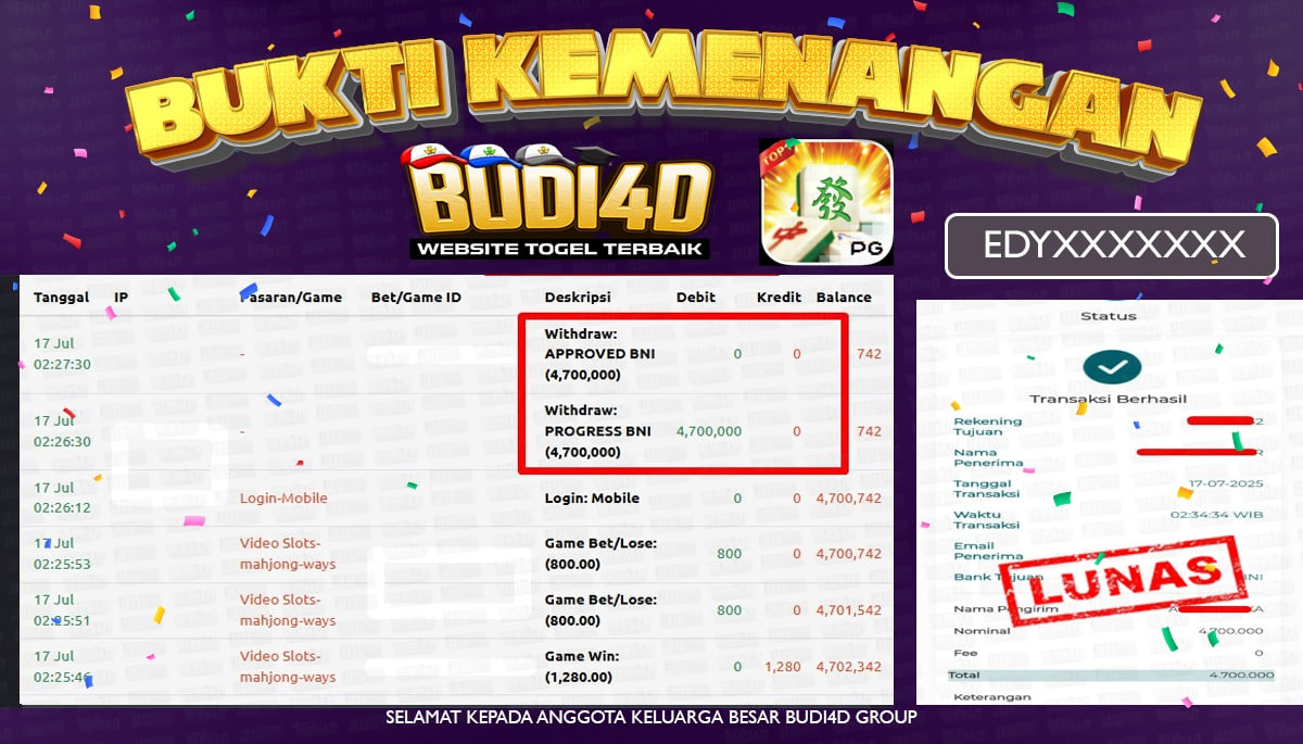 BUDI4D JACKPOT USERID: EDY**** PERMAINAN SLOT MAHJONG WAYS 2 (PGSOFT) Rp.4.700.000,- LUNAS