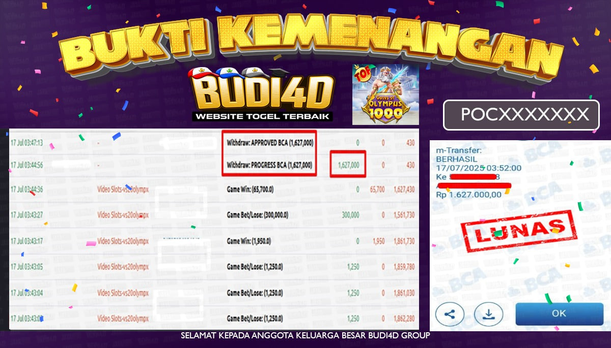 BUDI4D JACKPOT USERID: POC**** PERMAINAN SLOT GATES OF OLYMPUS 1000 (PRAGMATIC PLAY) Rp.1.627.000,- LUNAS