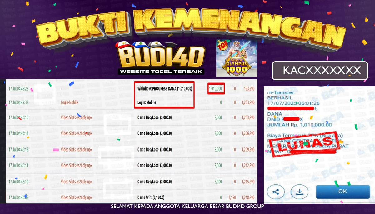 BUDI4D JACKPOT USERID: KAC**** PERMAINAN SLOT GATES OF OLYMPUS 1000 (PRAGMATIC PLAY) Rp.1.010.000,- LUNAS