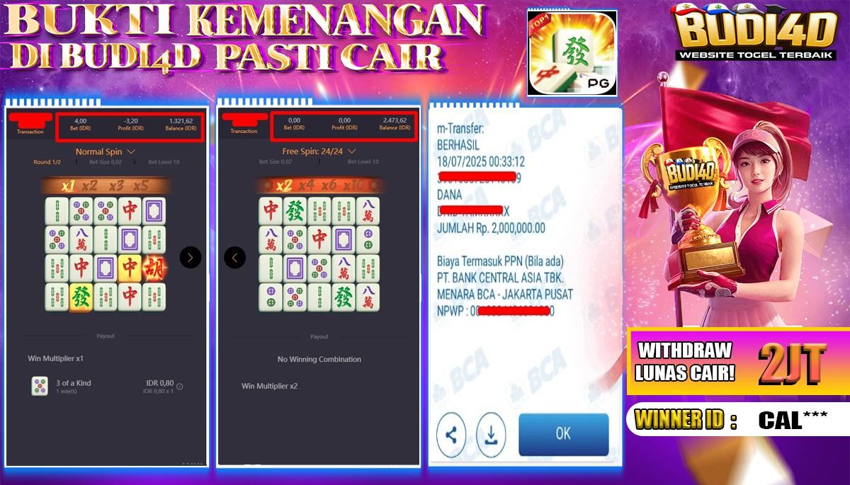 BUDI4D JACKPOT USERID: CAL**** SLOT PGSOFT MAHJONG WAYS Rp.2.000.000,- LUNAS