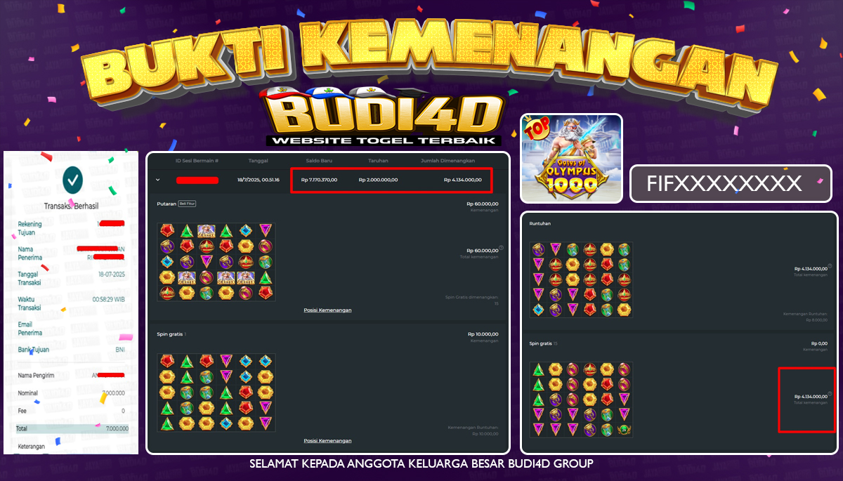 BUDI4D JACKPOT USERID: FIF**** PERMAINAN SLOT GATES OF OLYMPUS 1000 (PRAGMATIC PLAY) Rp.7.000.000,- LUNAS