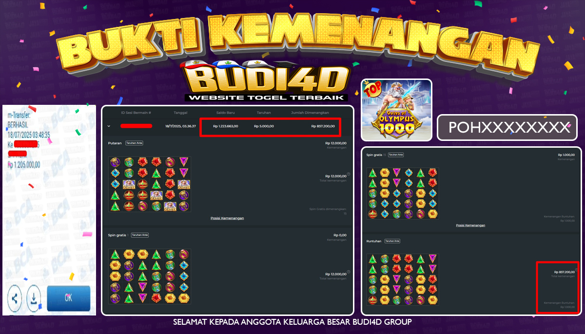 BUDI4D JACKPOT USERID: POH**** PERMAINAN SLOT GATES OF OLYMPUS 1000 (PRAGMATIC PLAY) Rp.1.205.000,- LUNAS