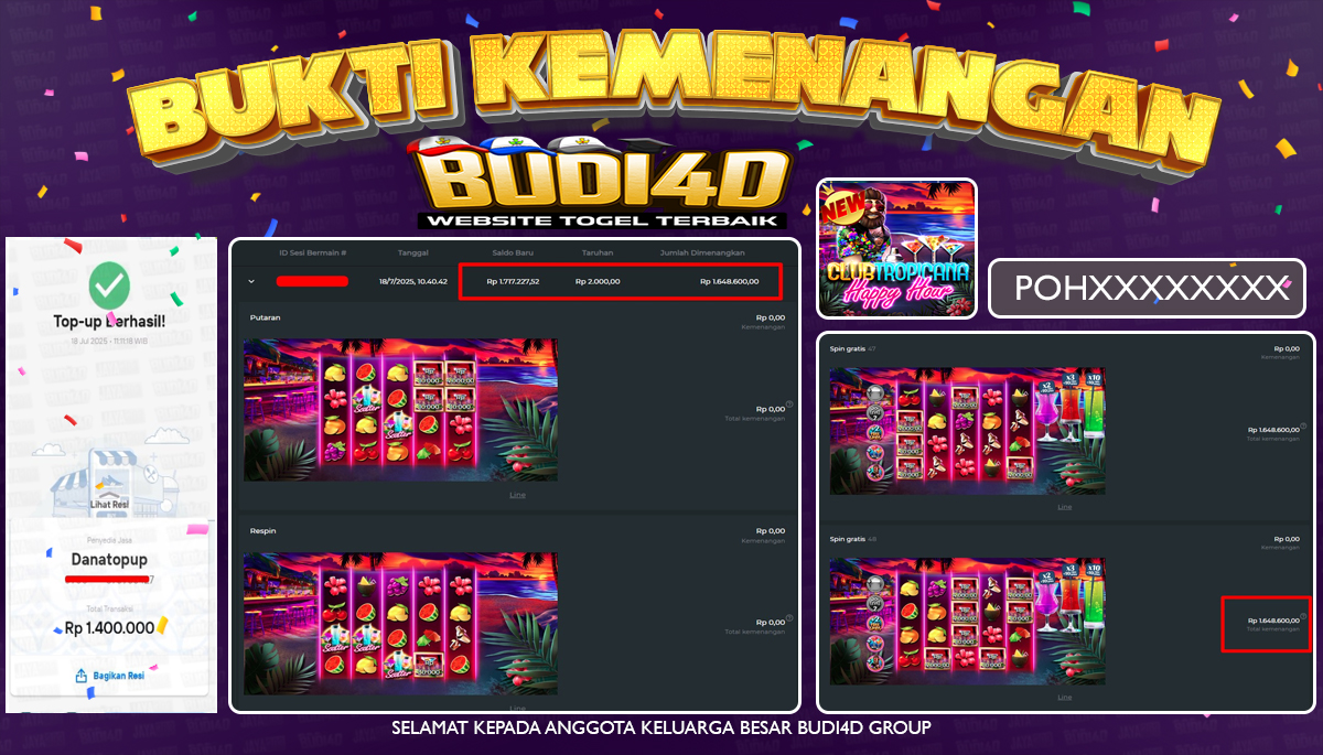 BUDI4D JACKPOT USERID: RAT**** PERMAINAN SLOT Club Tropicana - Happy Hour (PRAGMATIC PLAY) Rp.1.400.000,- LUNAS