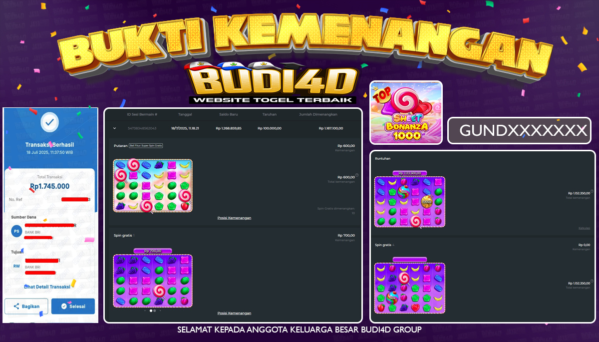 BUDI4D JACKPOT USERID: GUND**** PERMAINAN SLOT SWEET BONANZA 1000 (PRAGMATIC PLAY) Rp.1.745.000,- LUNAS