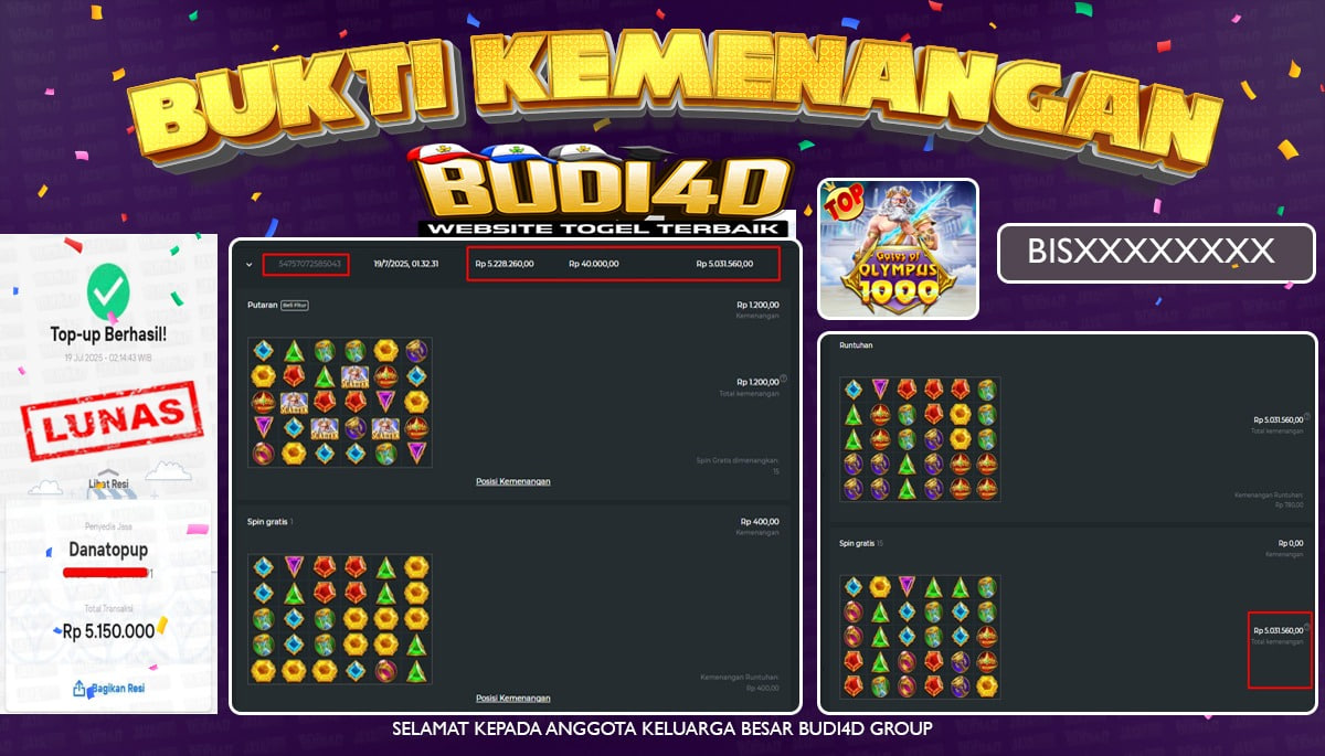 BUDI4D JACKPOT USERID: BIS**** PERMAINAN SLOT GATES OF OLYMPUS 1000 (PRAGMATIC PLAY) (PGSOFT) Rp.5.150.000,- LUNAS