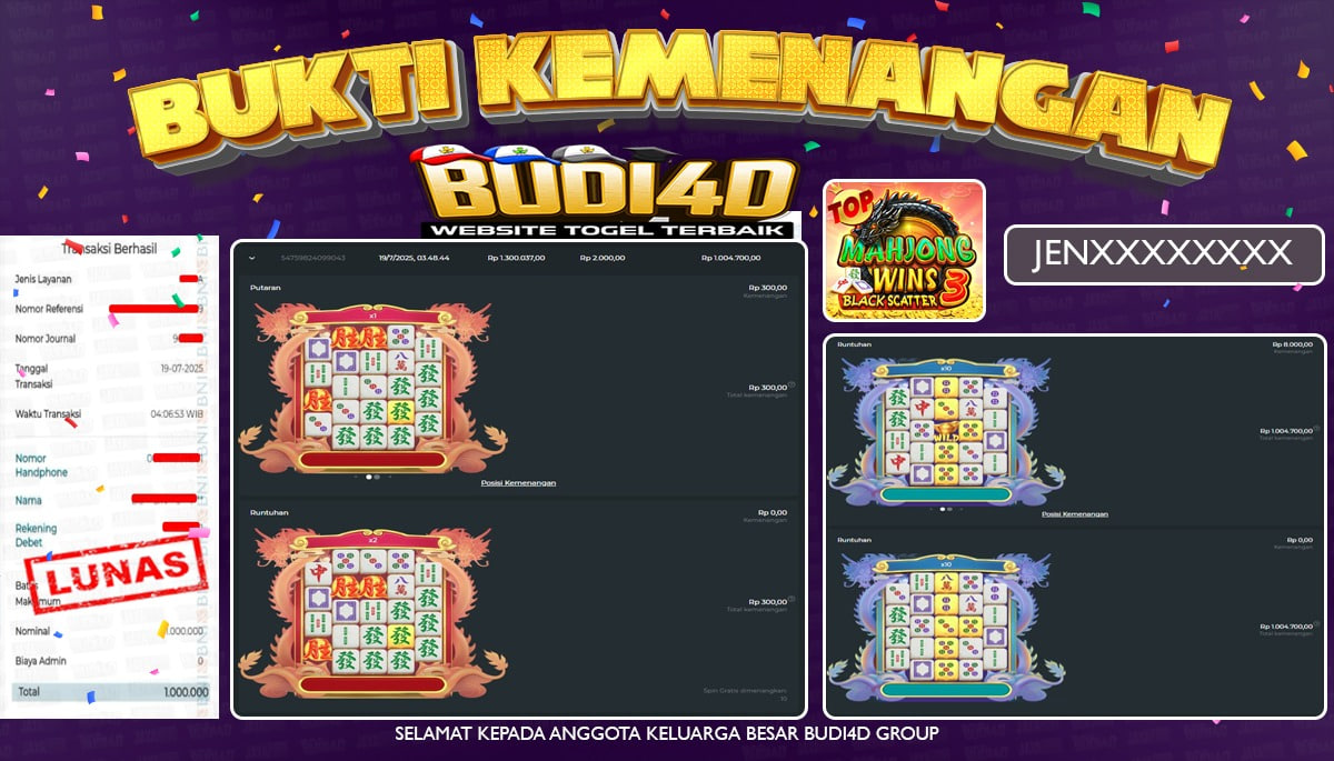 BUDI4D JACKPOT USERID: JEN**** PERMAINAN SLOT MAHJONG WINS - BLACK SCATTER (PRAGMATIC PLAY) Rp.1.000.000,- LUNAS