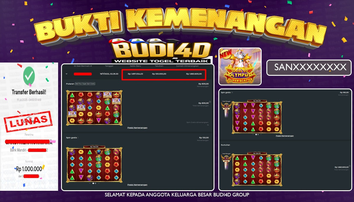 BUDI4D JACKPOT USERID: SAN**** PERMAINAN SLOT GATES OF OLYMPUS SUPER SCATTER (PRAGMATIC PLAY) (PGSOFT) Rp.1.000.000,- LUNAS