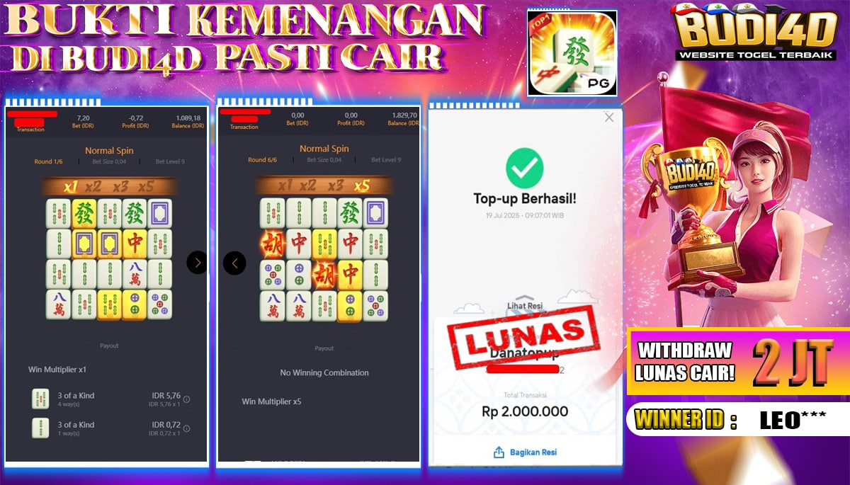BUDI4D JACKPOT USERID: DAN**** PERMAINAN SLOT MAHJONG WAYS (PGSOFT) Rp.2.000.000,- LUNAS