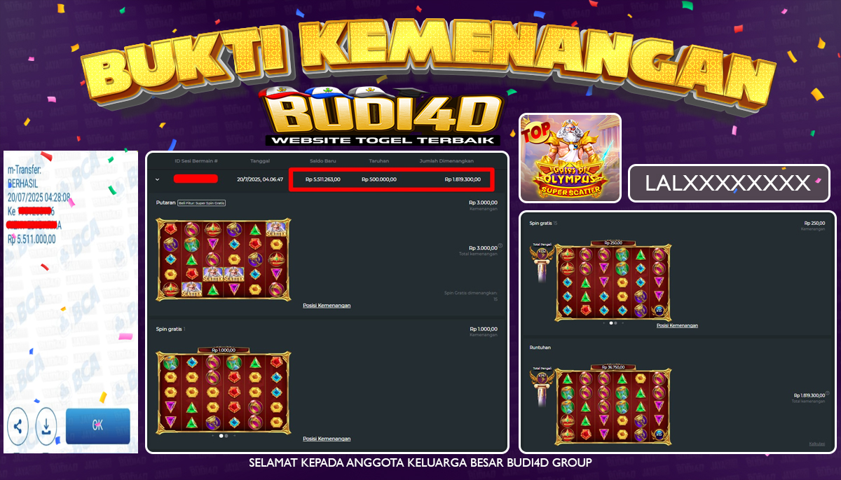BUDI4D JACKPOT USERID: LAL**** SLOT PRAGMATIC GATES OF OLYMPUS SUPER SCATTER Rp.5.511.000,- LUNAS