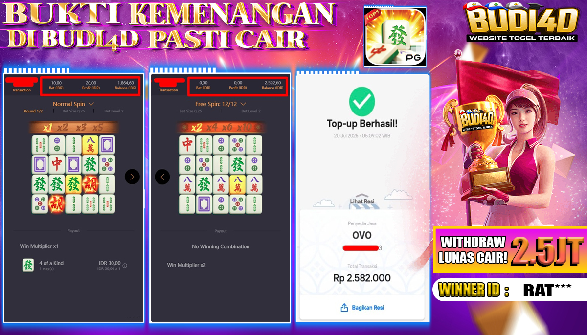 BUDI4D JACKPOT USERID: BOC**** SLOT PGSOFT MAHJONG WAYS Rp.2.582.000,- LUNAS
