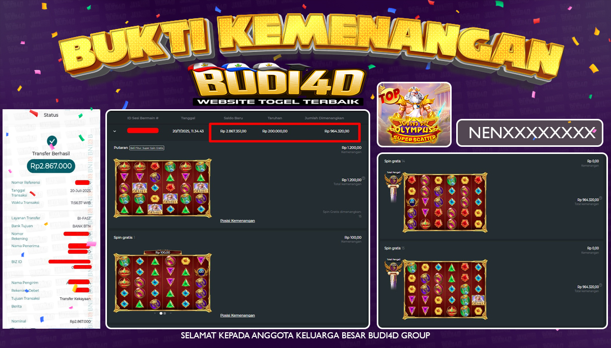 BUDI4D JACKPOT USERID: BOC**** SLOT PRAGMATIC GATES OF OLYMPUS SUPER SCATTER Rp.2.867.000,- LUNAS