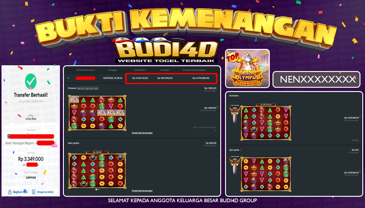 BUDI4D JACKPOT USERID: BOC**** SLOT PRAGMATIC GATES OF OLYMPUS SUPER SCATTER Rp.3.349.000,- LUNAS