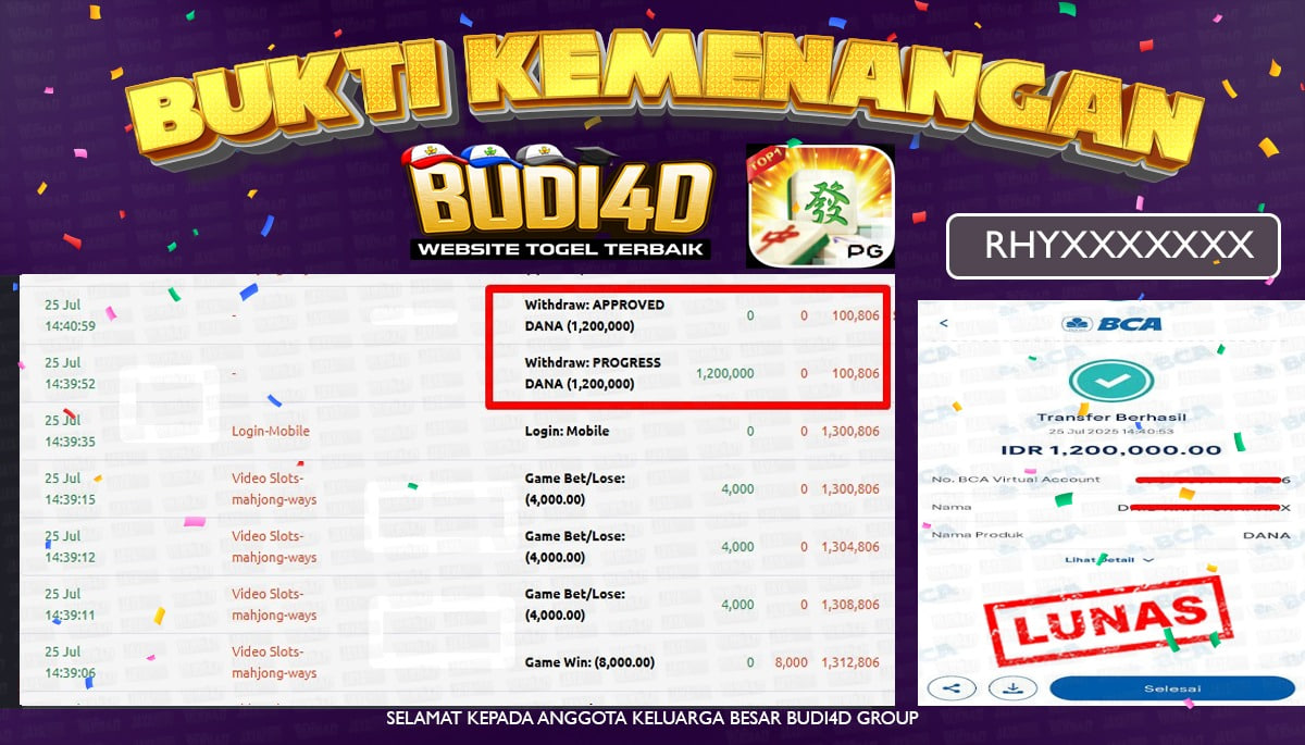 BUDI4D JACKPOT USERID: RHY*** SLOT PGSOFT MAHJONG WAYS Rp.1.200.000,- LUNAS