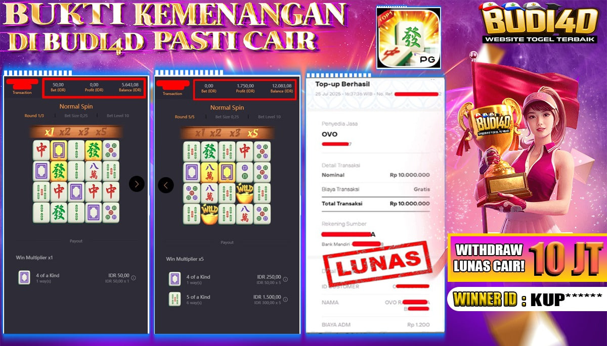 BUDI4D JACKPOT USERID: KUP**** SLOT PGSOFT MAHJONG WAYS Rp.10.000.000,- LUNAS