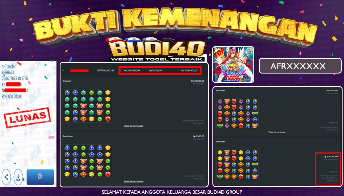 BUDI4D JACKPOT USERID : AFR*** SLOT PRAGMATIC STARLIGHT PRINCESS 1000 Rp.3.000.000,- LUNAS