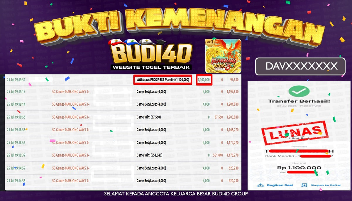 BUDI4D JACKPOT USERID:  DAV*** SLOT (5G GAMES) MAHJONG WAYS 3+ Rp.1.100.000,- LUNAS