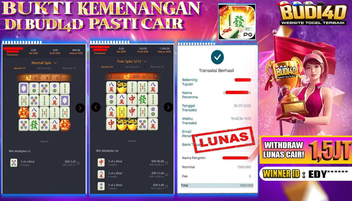 BUDI4D JACKPOT USERID : EDY*** SLOT PGSOFT MAHJONG WAYS Rp.1.500.000,- LUNAS