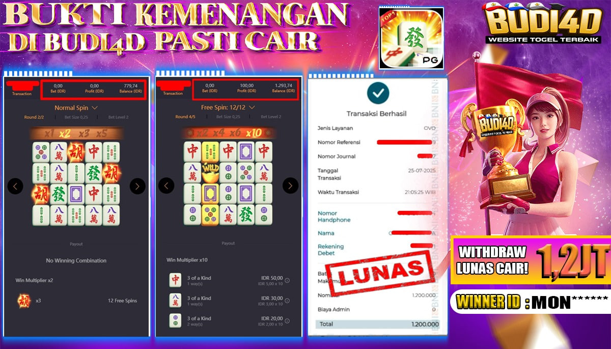 BUDI4D JACKPOT USERID : MON*** SLOT PG SOFT MAHJONG WAYS Rp.1.200.000,- LUNAS
