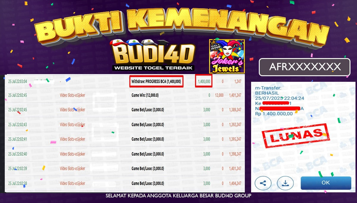 BUDI4D JACKPOT USERID : AFR*** SLOT PRAGMATIC JOKER'S JEWELS Rp.1.400.000,- LUNAS