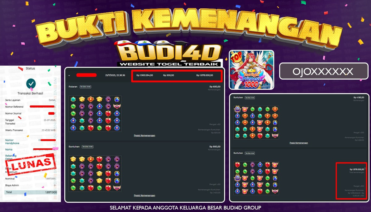 BUDI4D JACKPOT USERID : OJO*** SLOT PRAGMATIC STARLIGHT PRINCESS 1000 Rp.1.897.000,- LUNAS