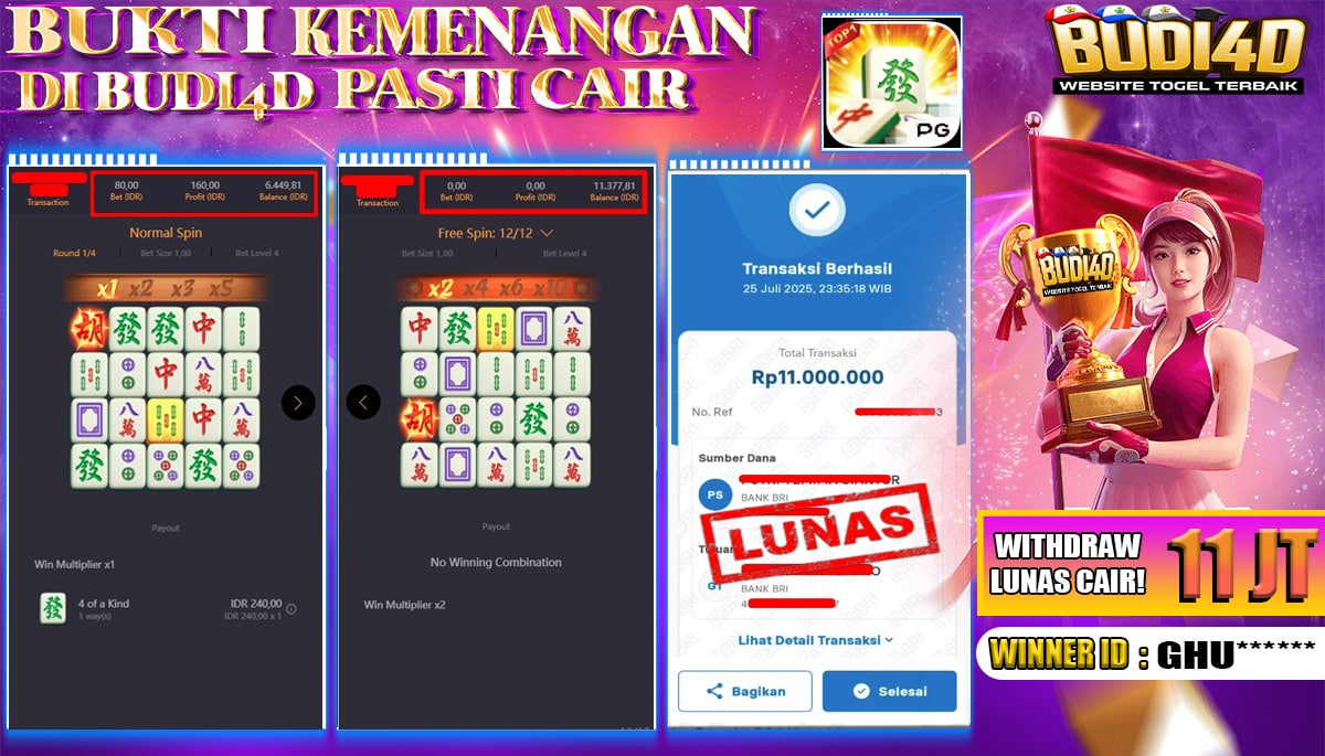 BUDI4D JACKPOT USERID : GHU*** SLOT PGSOFT MAHJONG WAYS Rp.11.000.000,- LUNAS