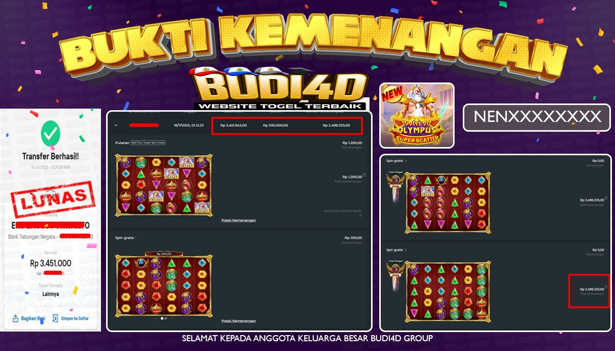 BUDI4D JACKPOT USERID: NEN**** SLOT PRAGMATIC GATES OF OLYMPUS SUPER SCATTER Rp.3.451.000,- LUNAS